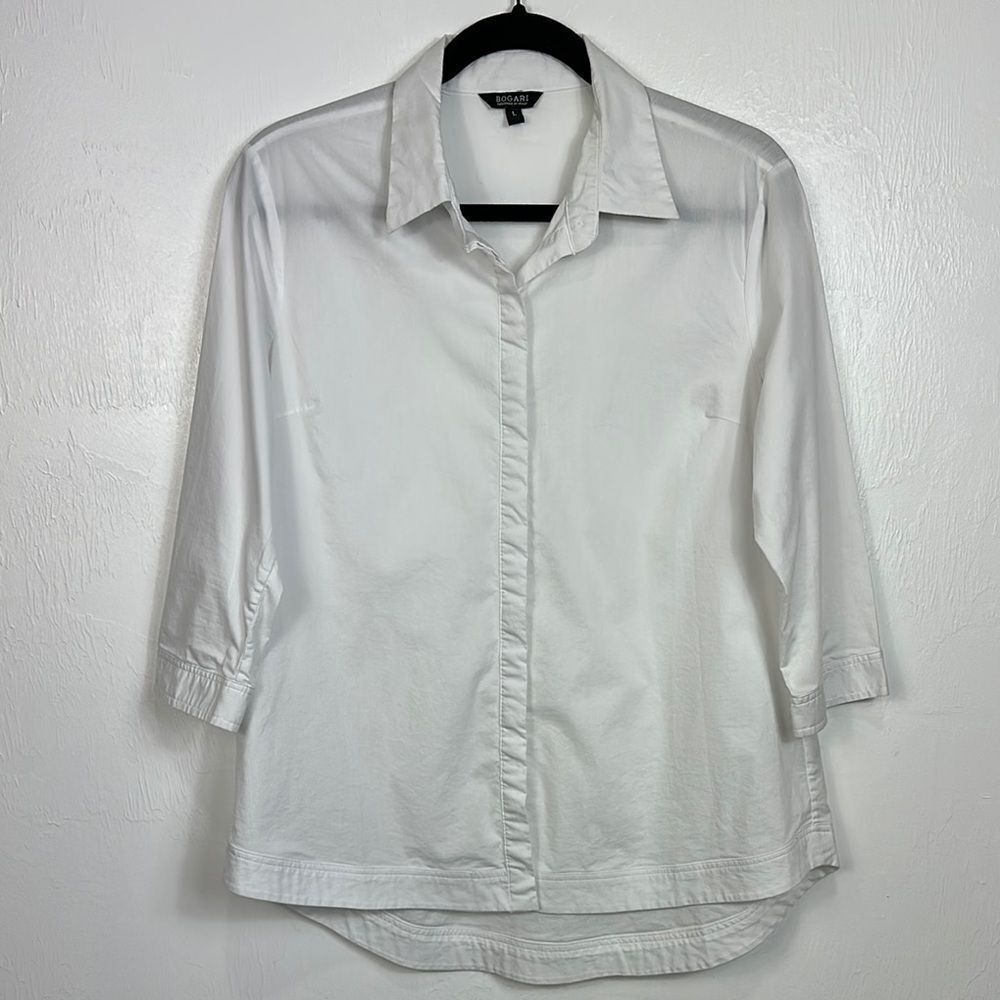Bogari White Cotton Blend 3/4 Sleeve Collared Button-Up Shirt Size L
